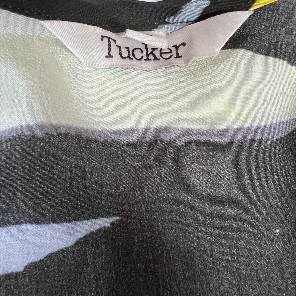 Tucker Silk Blouse M Black Multicolor Abstract Art to Wear Tie Neck - Picture 4 of 16